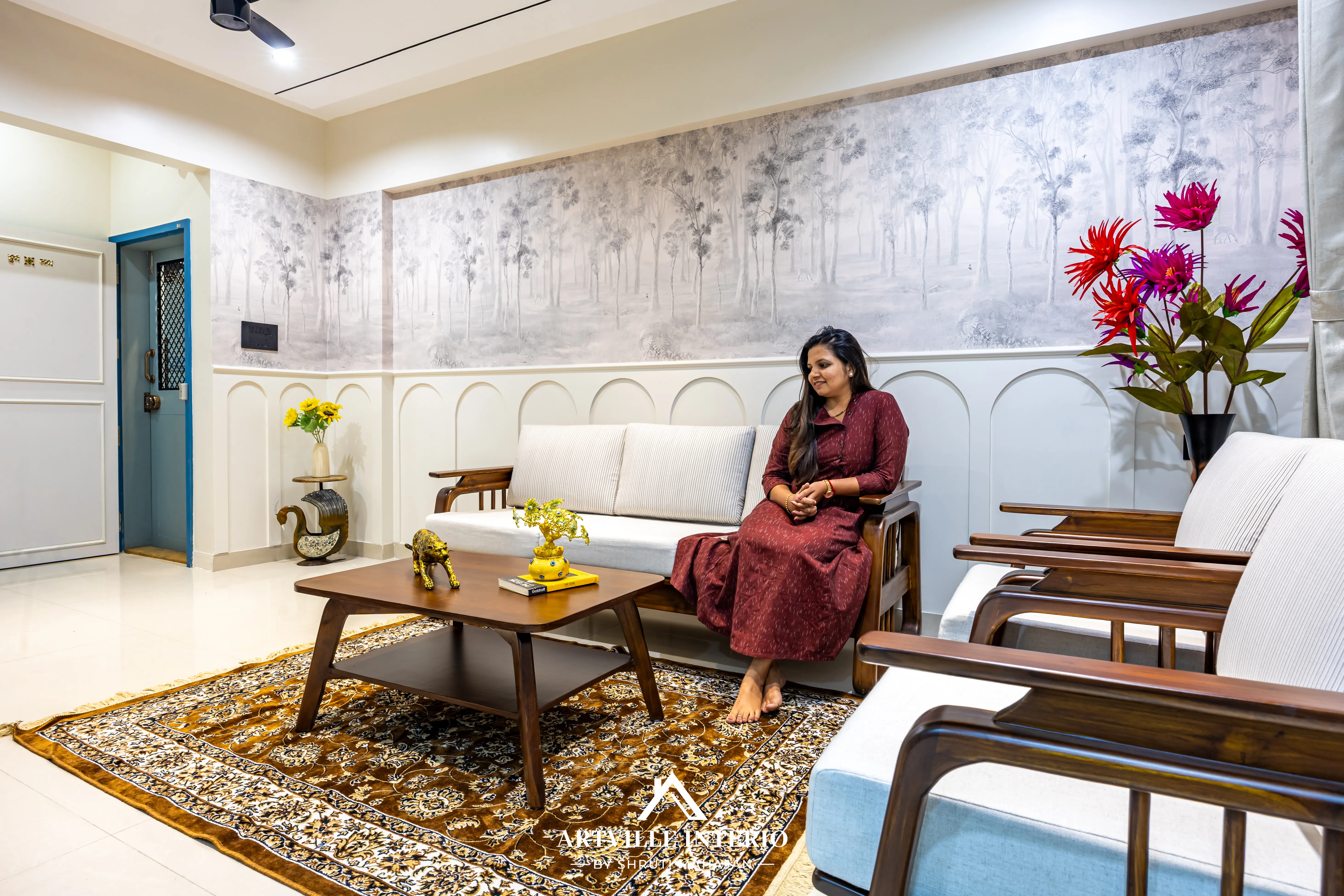 Beautifully styled modern living room at Arpit Apartment in Wakad, Pune, with custom warm lighting and luxury furniture