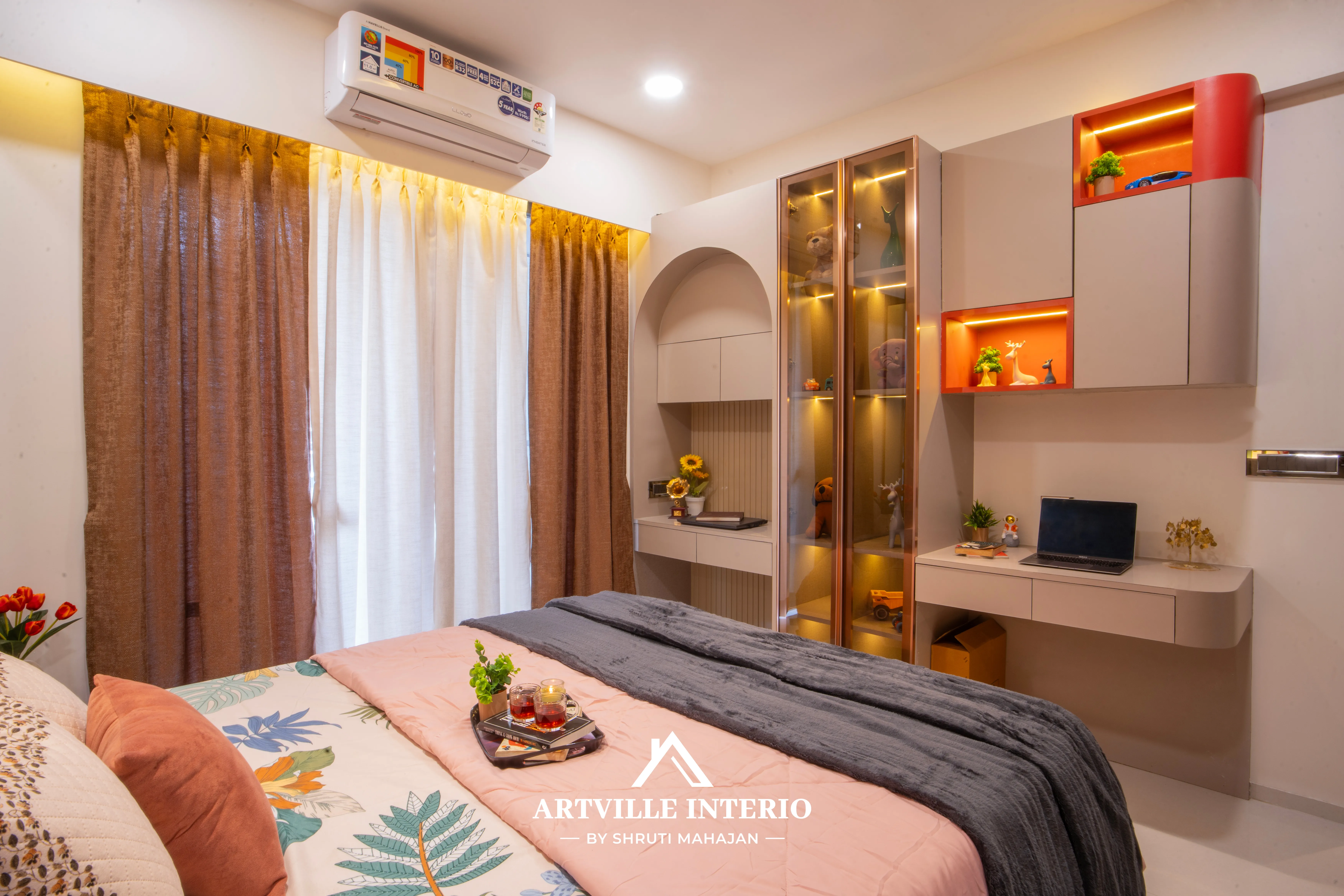 Luxurious master bedroom with custom headboard, warm wooden panels, and ambient backlighting